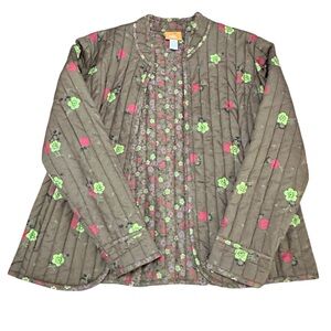 Hearts of Palm Floral Puffer Jacket - Brown with Pink and Green Accents